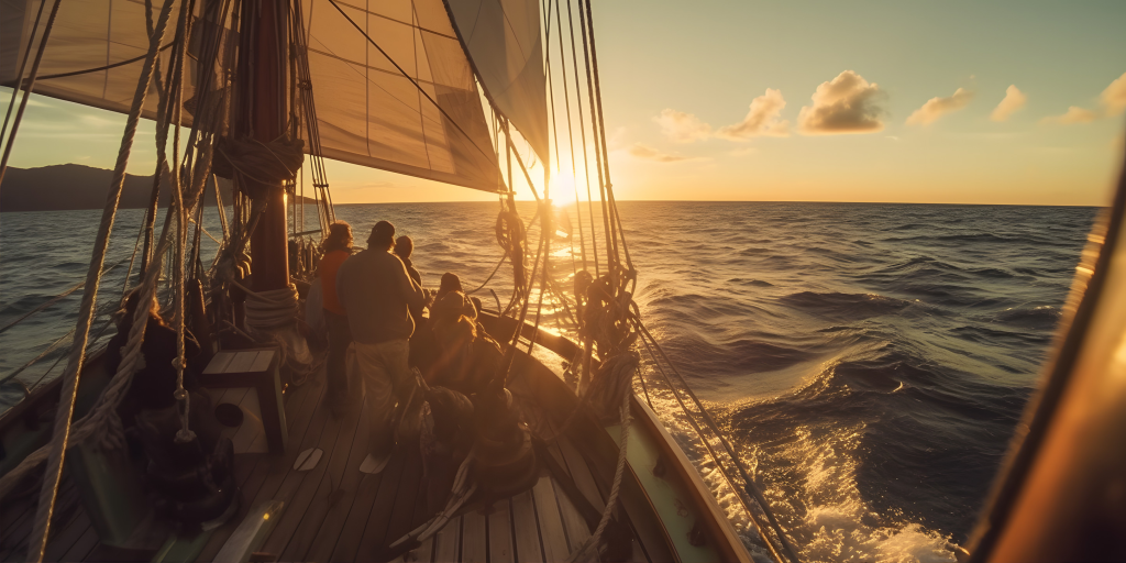 a group of adventurers sailing across a vast open sea, under a vibrant sunset sky, a mix of anticipation and freedom.