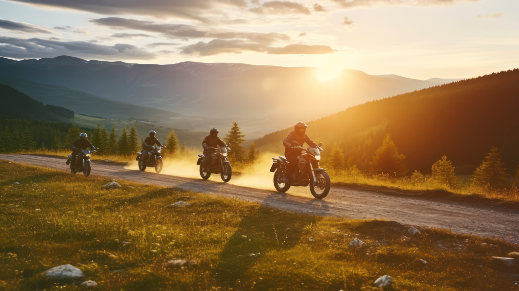 the group of bikers in the evening light. picturesque and dramatic scene. explore the world's beauty. generative ai